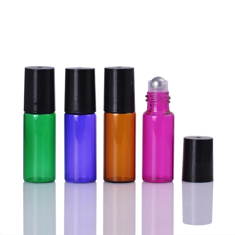 Groothandelsprijs dikke 5 ml oranje / paars / groen / rose rood leeg roll op glazen fles voor essentiële oliefles met metalen roller bal