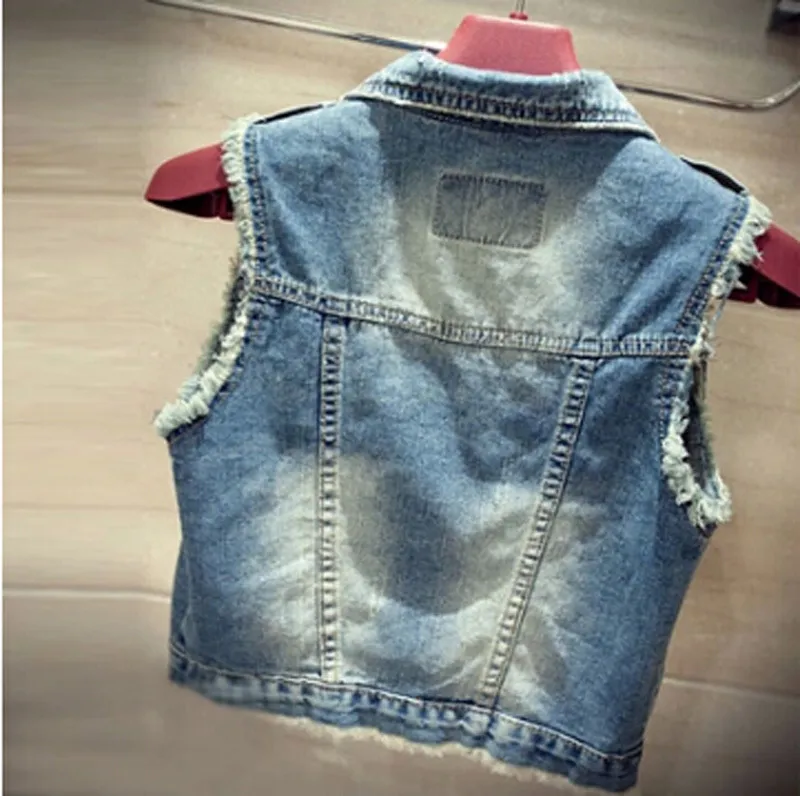 Groothandel-2015 nieuwste mode jean vest vrouwen vintage single breasted gat korte jas uitloper mouwloze denim jas tops plus size