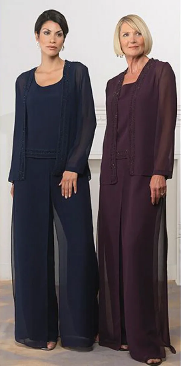 Hot Sale Elegant Bröllop Byxa Passar Mor av Bruden Klänningar Mörka Navy Grape Lila Chiffon Custom Made For Wedding Party