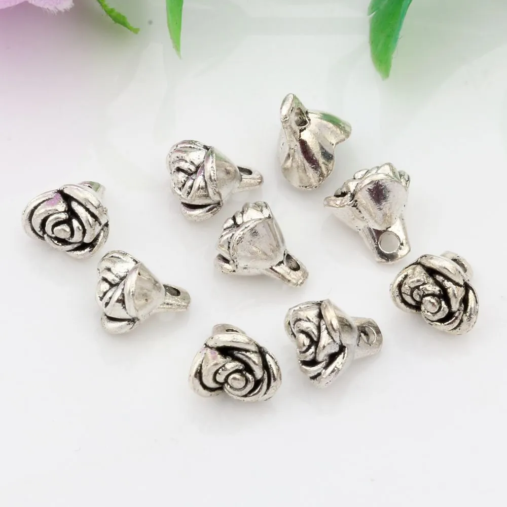 Alloy Rose Flower Charms Pendants för smycken gör örhängen Halsband DIY Tillbehör Antiqued Silver 7x8x9mm