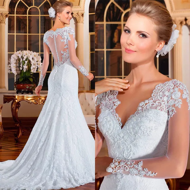 Vestidos de Casamento de Renda completa Bainha Formais Mangas Compridas Vestidos de Noiva Com Beading Beads V Neck Coberto Botão Lace Train