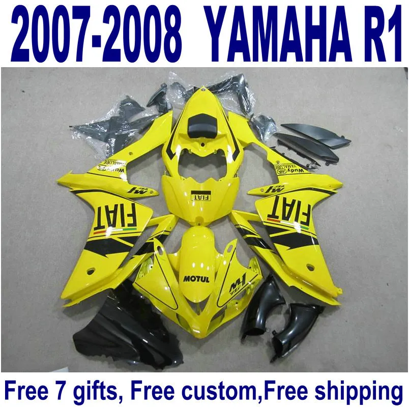 ヤマハフェアリングのためのFreeship BodyWorkセットYZF R1 07 08イエローブラック新しいフェアリングキットYZF-R1 2007 2008 YQ43