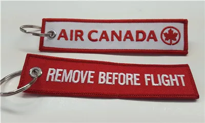 Air Canada Remove Before Flight Porte-clés brodé avec logo brodé personnalisé, accepte n'importe quelle couleur et taille 13 x 2,8 cm, lot de 100 pièces