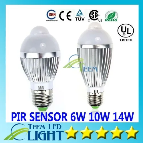 LED-ljus E27 6W 10W 14W 85V-265V Motionkontroll PIR-sensor LED-belysning LED-lampa Globlampor Silver Vattentät Spotlight Downlight 0000