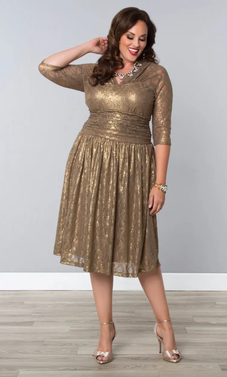 Goedkope gouden kant plus size speciale gelegenheid jurken Sheer sleeves thee lengte elegante glanzende champagne prom avondjurken met v-hals