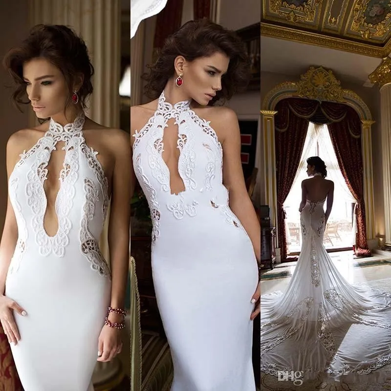 2015 Berta Halter Backless Mermiad Wedding Dresses Elegant Lace Chiffon ...