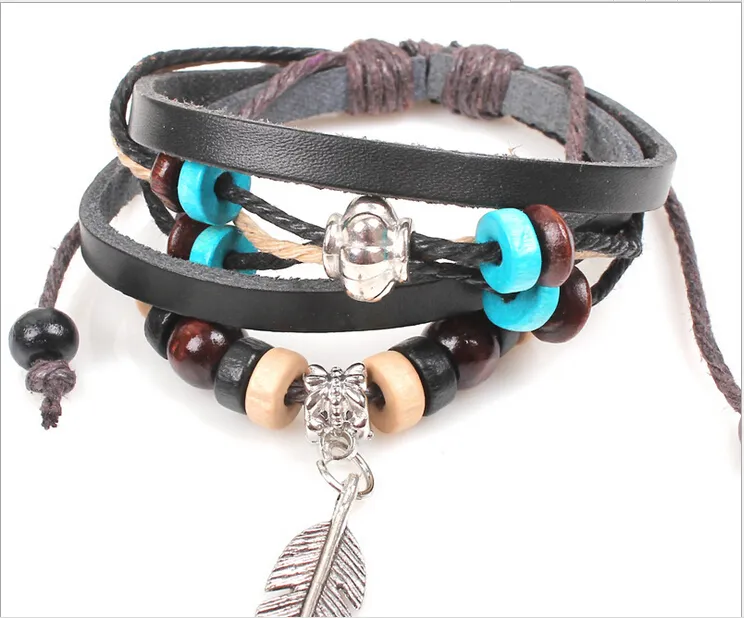 Multilayer Wrap Genuine Leather Bracelets Bangles Strand Beads Charms Bracelets Women Bracelets Gifts Leaf Drops Black