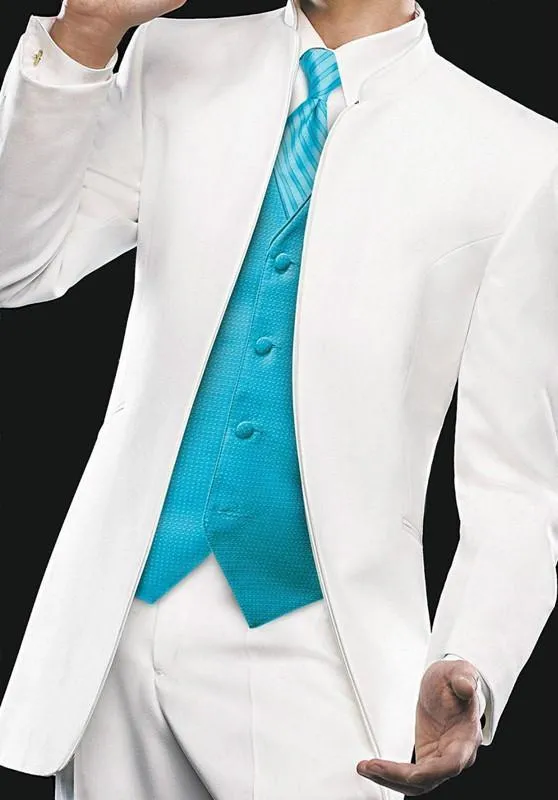 Kein Knopf Slim Fit Smoking für Männer Hübscher Herren-Hochzeits-Smoking Herrenanzüge Maßgeschneiderter Bräutigam-weißer Jackenanzug (Jacke + Hose + Weste + Krawatte)