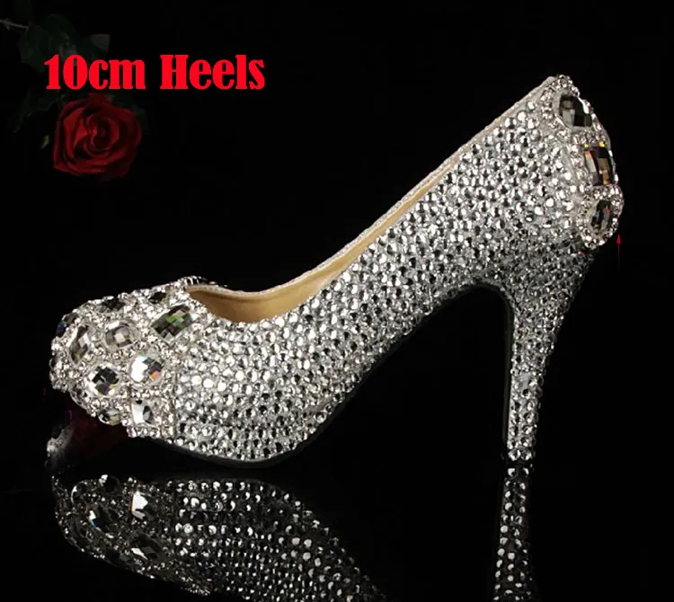 Silver Custom Make Plus Size High Heel Crystals and Dhinestones Pompy ślubne Bridal Buty Diament Lady Buty Party Prom High Heels