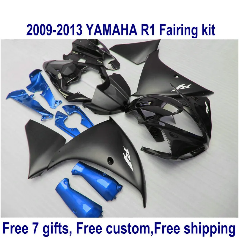 7 kostenlose Geschenke Verkleidungsset für Yamaha R1 2009–2013, mattschwarz-blaues Verkleidungsset, YZF R1 09 10 11 12 13 HA63