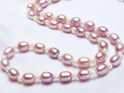 ガールフレンドを送るための淡水真珠の粉紫と白のライスの真珠のネックレスファッショントレンドの女性ゴールドチェーンチェーン