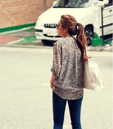 2016 새로운 도착 한국어 패션 여성 표범 인쇄 긴 소매 블라우스 / 실크 쉬폰 탑