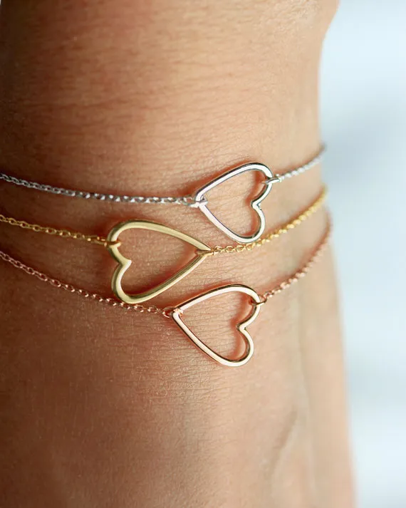 - B032 Gold Silver Tiny Line Hollow Out Open Heart Bracelets Simple Wire Wrapped Love Heart Bracelets for Lovers Couples
