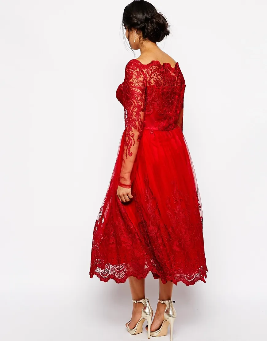 Red Full Lace Plus Size Formal Dresses Sheer Bateau Long Sleeve Evening Gowns Tea Length A-Line Mother Of The Bride