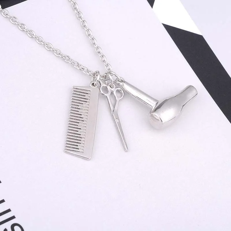 Cosmétologue coiffeur collier en argent sèche-cheveux/ciseaux/peigne balancent pendentif collier ciseaux bijoux coiffeur cadeau