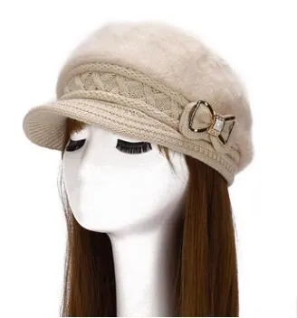 New Ladies Hat Inverno mais cashmere coelho cabelo chapéu moda arco de cristal chapéu de malha