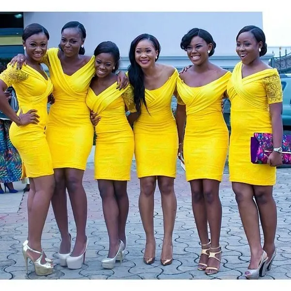 Yellow Aso Ebi Bridesmaid Dresses Cheap Custom Made Short Bridesmaid Dress Mini Length Sexy Plunging V Neck Cap Sleeves Pencil Dress Sheath