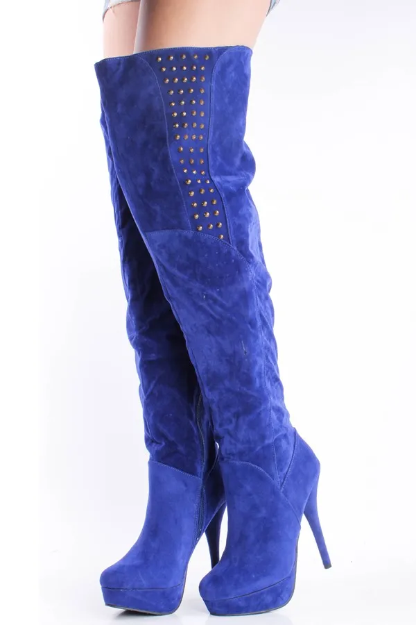 Stivali sopra il ginocchio le scarpe da donna Décolleté neri / blu Stivali in pelle scamosciata con strass Scarpe con tacco alto Stivali da donna Nuovo arrivo 2015 Custom Made