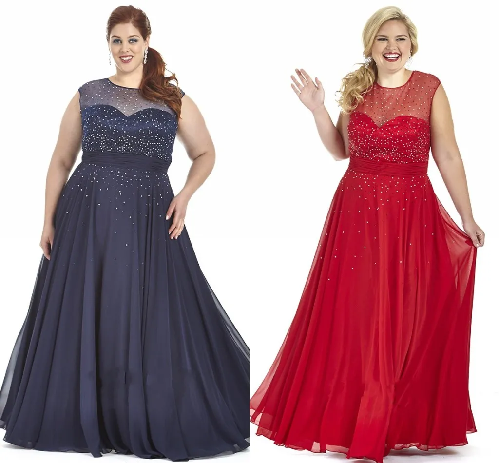 2022 Navy Blue Red Chiffon Plus Size Prom Dresses Plus Speciale Gelegenheid Jurk Bling Pailletten Sheer Crew Cap Mouw Plus Size Avondjurken