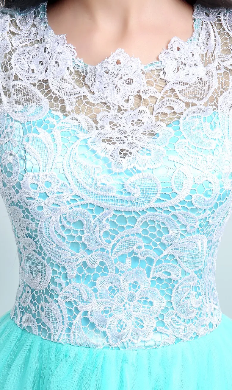 2015 Ny lager Elegant A-Line Mint Green Lace Aftonklänningar med Appliques Golvlängd Billiga Prom Party Gowns Vestidos de Festa