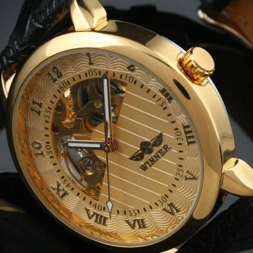 Marcas de topo Winner Tags Relógios masculinos de luxo, ouro, esqueleto, mão, vento, relógios mecânicos, moda masculina, couro, relógios de pulso, Montre