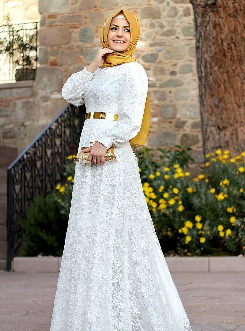 Robes festa arabe dentelle blanche longues robes de soirée Dubai Kaftan robes de bal musulmanes manches longues Abaya robe islamique 2016 nouvelle tendance d024