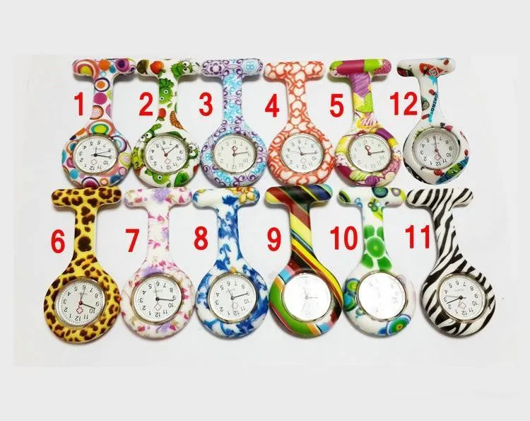 Reloj de bolsillo de silicona de alta calidad para enfermera, colores caramelo, estampado de leopardo y cebra, broche de banda suave, reloj de enfermera, 11 patrones, gran oferta