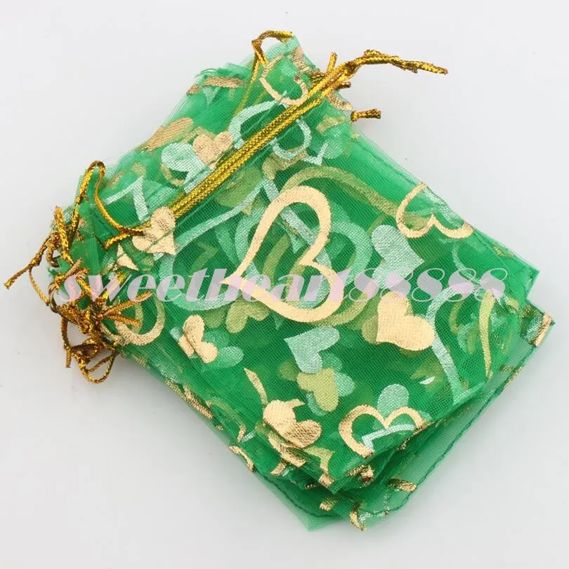 7X9cm Open Gold Silver Heart Small Organza Jewelry Pouches Bags GB040 