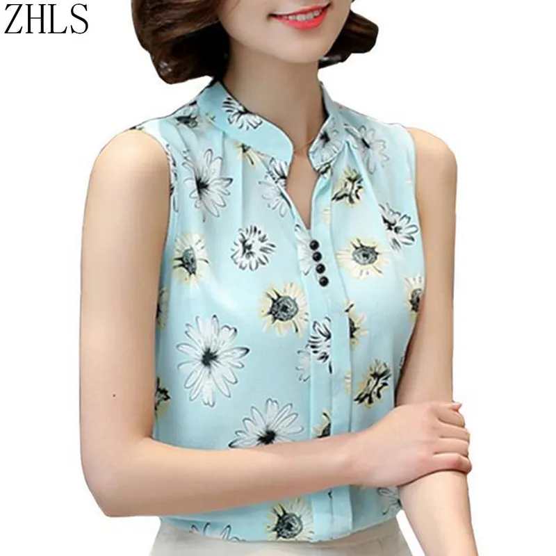 Wholesale-シフォンブラウスシャツ用女性夏ノースリーブプリントFemme Blouses Work WearファッションスリムトップスシャツBlusas女性レディース