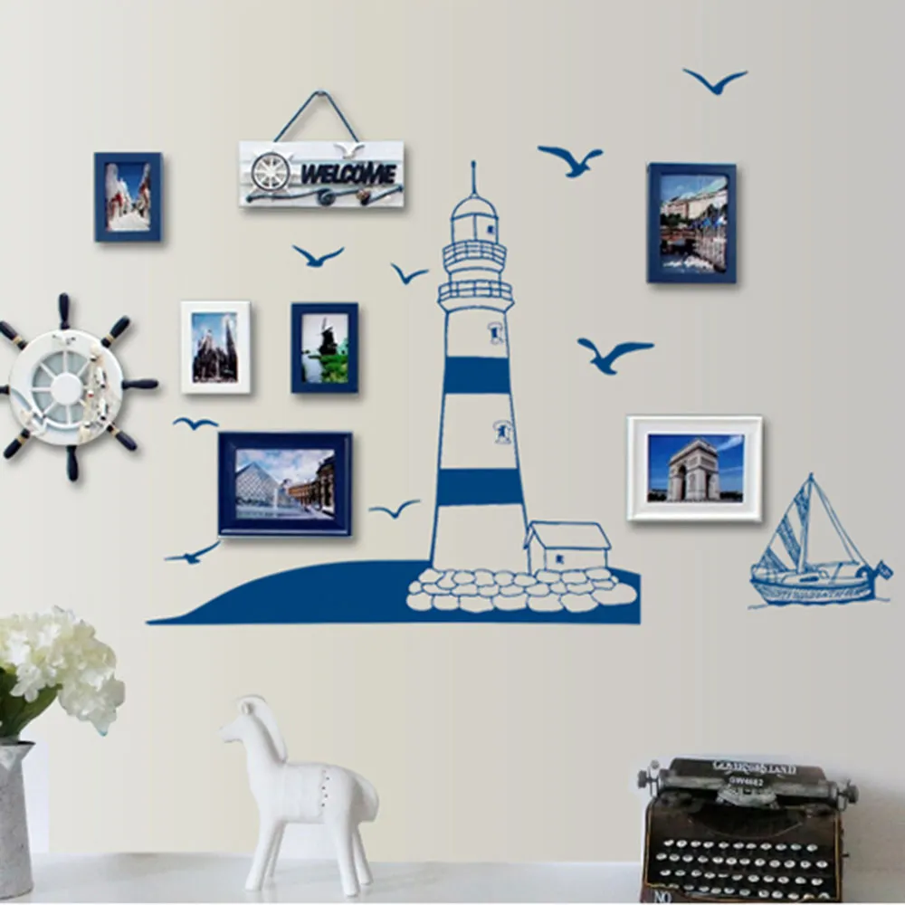 Removível adesivo de parede azul torre de barco à vela foto arte decalques mural diy papel de parede para o quarto decalque 22.5 * 50 cm, dandys