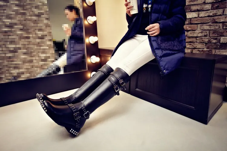 b089 34 black genuine leather belt knee high flat boots luxury designer inspired runway punk4850549