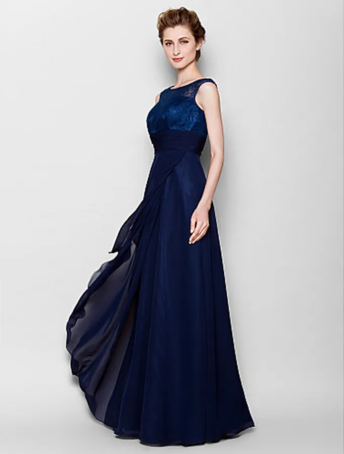 Robe mère de la mariée bleu marine foncé, longueur au sol, sans manches, en mousseline et dentelle, robes de mère à col rond