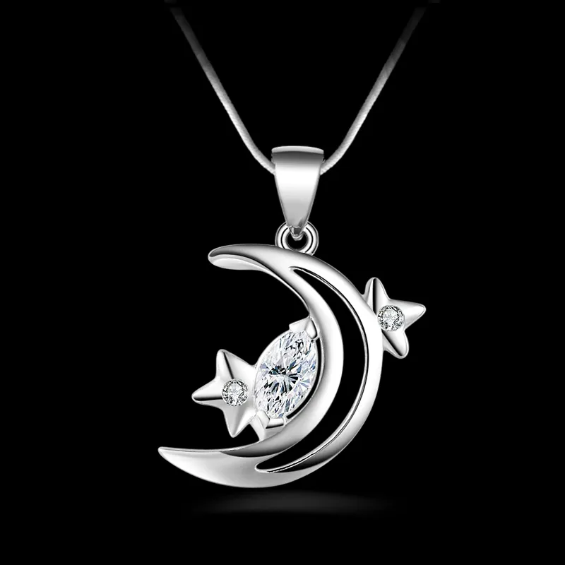 Kostenloser Versand Mode hohe Qualität 925 Silber Mond und Sterne mit Diamant 925 Silber Halskette Valentinstag Urlaub Geschenke heiß 1652