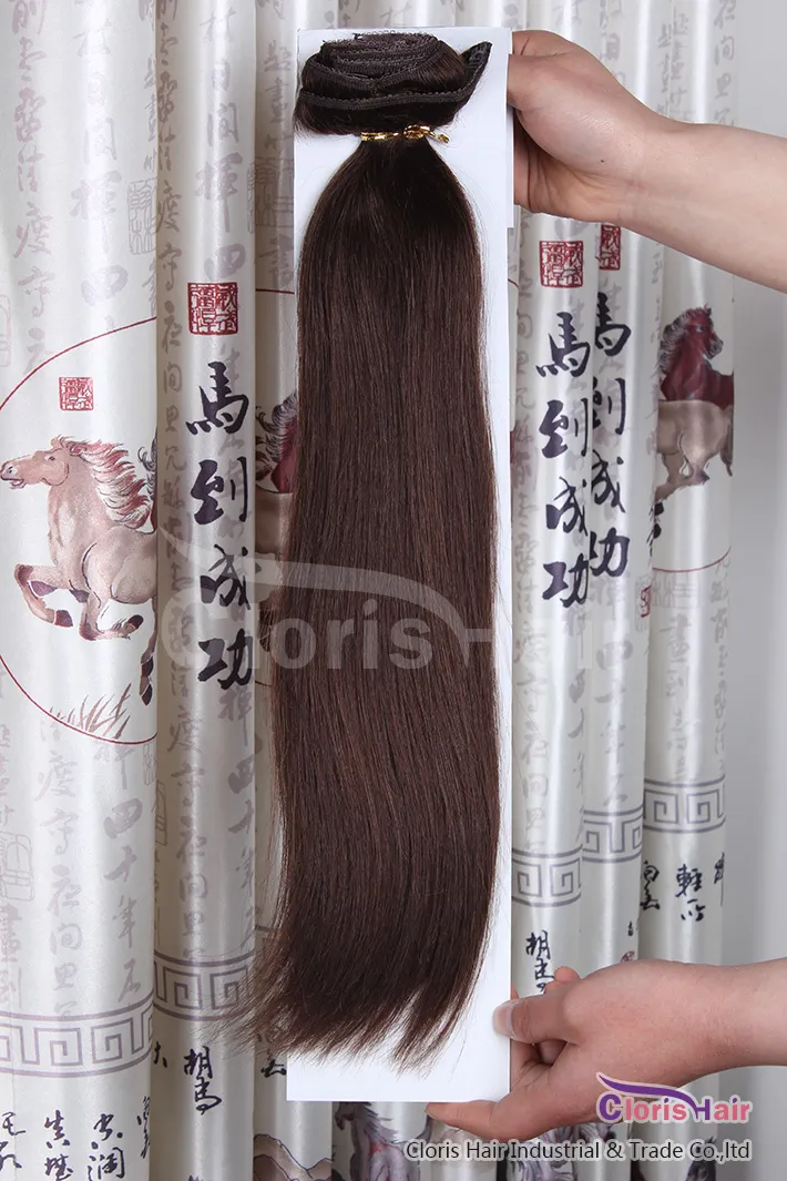 Hurtownie # 4 Dark Brown Clip In On Natural Human Hair Extensions Full Head 70g 100g 120g Peruvian Remy Proste splot klipsy 14-22 "