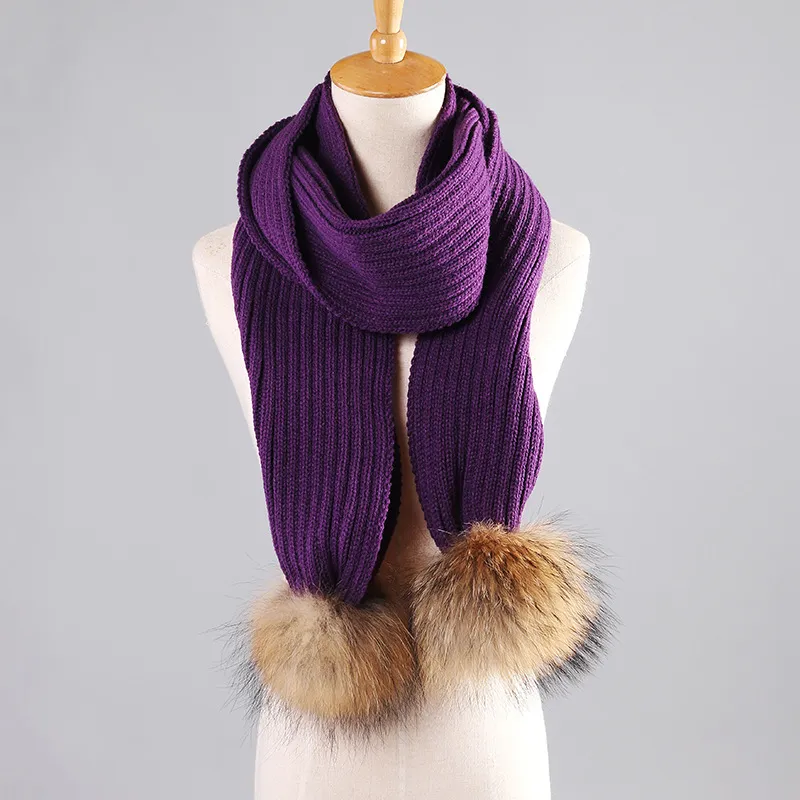 190cm Winter Long Fur Scarf Knitted Black 100 Raccoon Fur Pom Poms