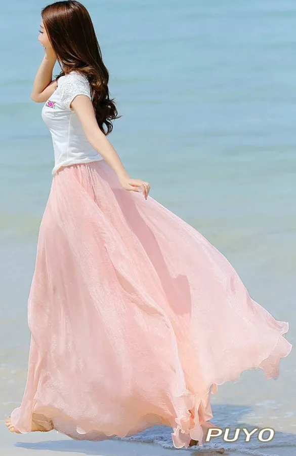 Wholesale- New Summer Maxi Long Bohemian Restore Women's Shinning Chiffon Skirt 7Colors Long 14283