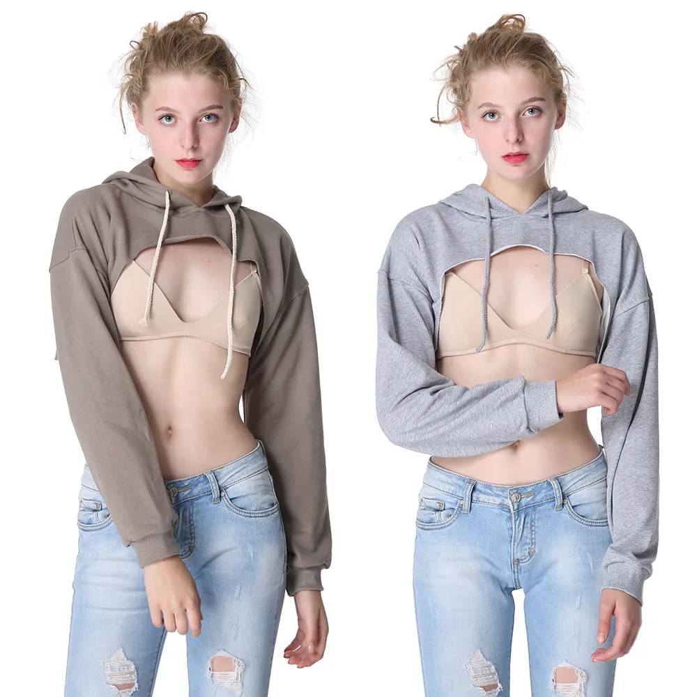 2018 nouveau Sexy femmes sweats à capuche courts sur la poitrine pull à capuche à manches longues été printemps hauts t-shirts de mode