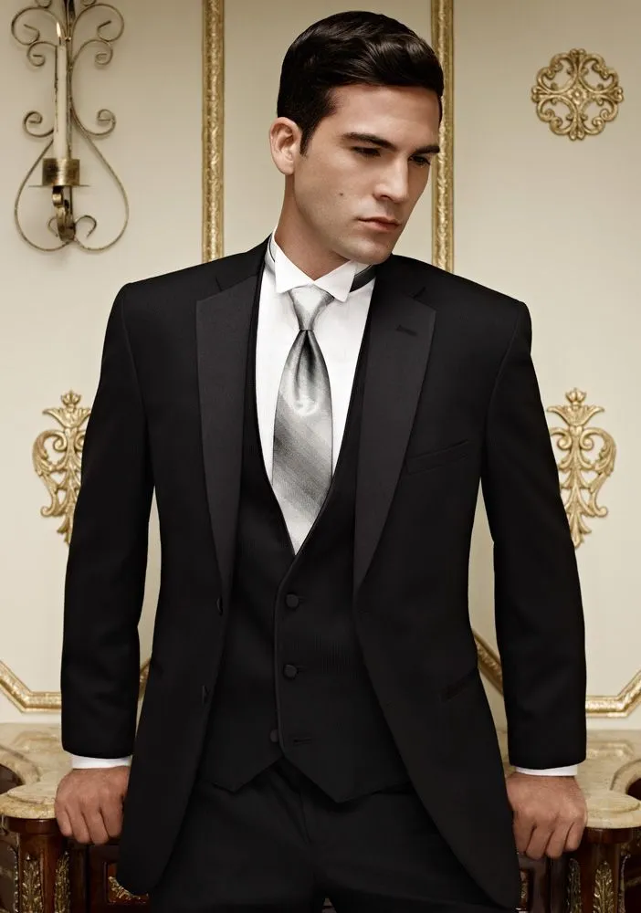 Skräddarsydda Black Groom Bröllop Tuxedos Notched Lapel Style Groom Wear Two Buttons Mens Passar Prom Passar för män (Jacka + Byxor + Vest + Tie)