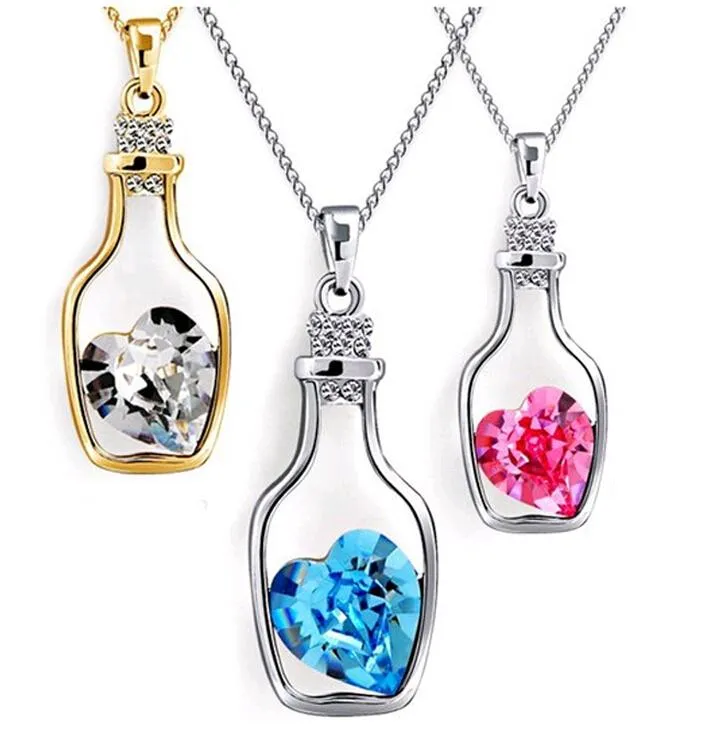 Wishing Bottle Jewelry Heart Pendant Necklaces Fashion Crystal Sparkle Stone Sautoir for girls Sale Cheap 8colors