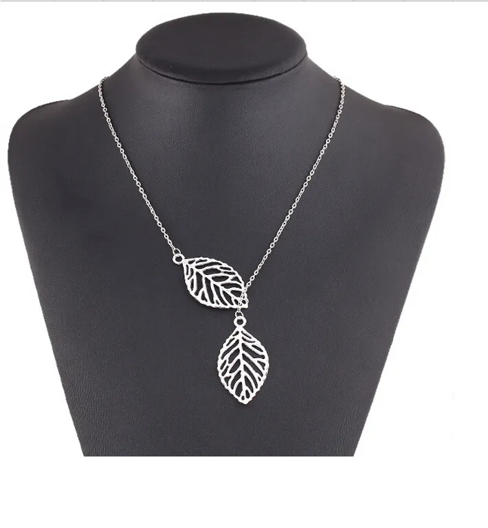 Simple European New Fashion Vintage Punk Gold Hollow Two Leaf Leaves Pendant Necklace Clavicle Chain Charm Jewelry Women 
