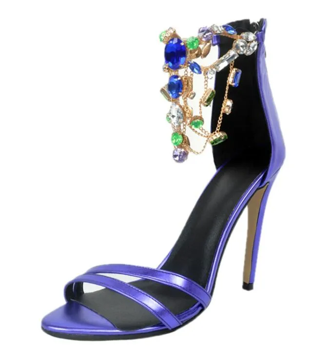 Sexy donne multi gemma cristallo pedante catene sandali blu royal in pelle lucida a spillo tacchi alti strass estivi sandali di partito