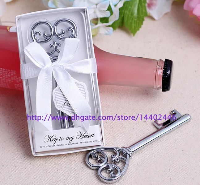 Key to My Heart Simply Elegant victorian wine bottle opener Barware Tool wedding Party favor gift Silver With White Retail Box