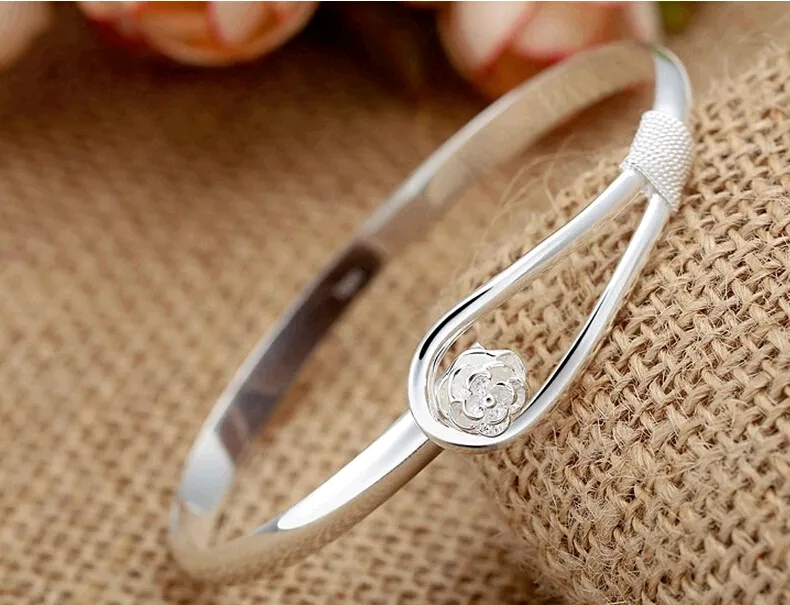 10st 925 Silver Plate Cuff Smycken Ren Handgjord Sakura Flower Fashion Women Bangle Armband Till Salu Billiga