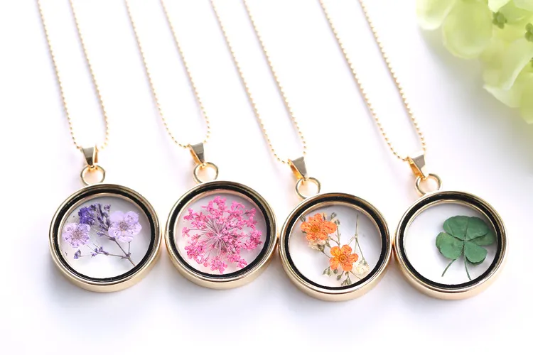 High quality Pendant necklaces creative plant specimen round dried flower crystal pendant necklace can not be opened floating locket