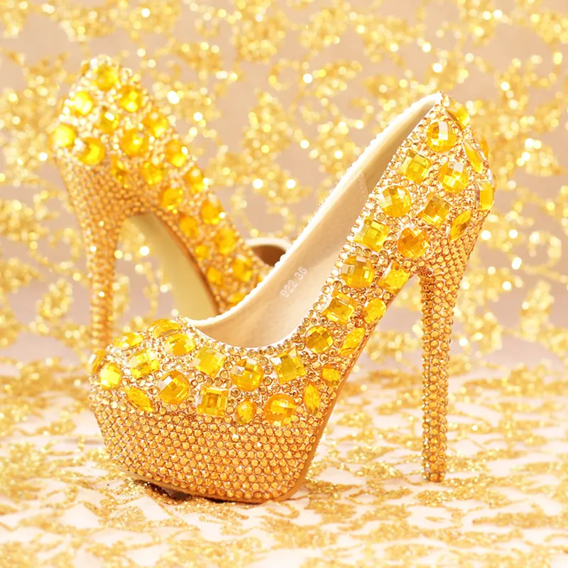 Nova Moda de Luxo de Ouro Rhinestone T Modelo de Show de Salto Alto Mulheres Bombas de Primavera de Diamantes Sapatos de Casamento Plataformas Prom Party Shoes