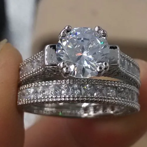 レトロサイズ5-10レトロジュエリー14ktホワイトゴールド充填トパーズgem結婚指輪セットギフト