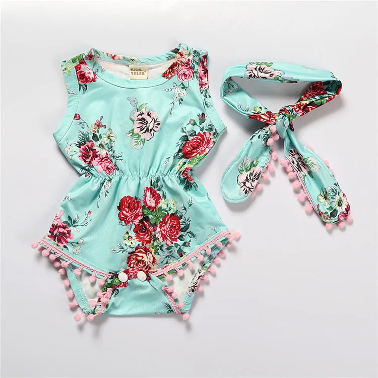 2019 Summer Baby Girl Pagliaccetti Pretty Flower Pagliaccetto con nappe + Fascia capelli Abbigliamento neonate Tute floreali Tute bambina