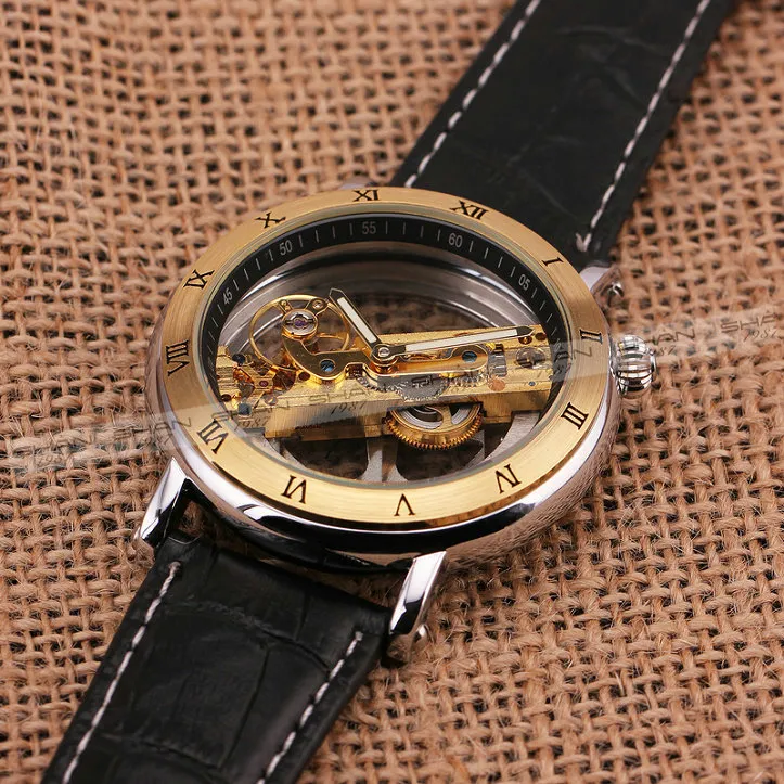 2021 Nieuwe Jaragar Luxe Golden Bridge Romeinse Dial Heren Automatische mechanische polshorloge Transparante beweging echt leer3003