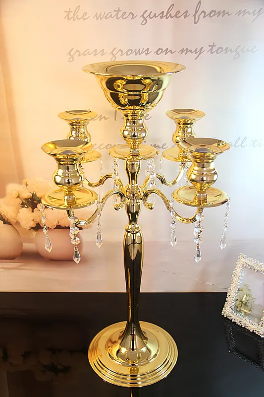 H75cm * W48cm, Candelabro in cristallo a 5 teste color oro, portacandele, centrotavola per matrimoni, ciotola per fiori Portacandele con pendenti