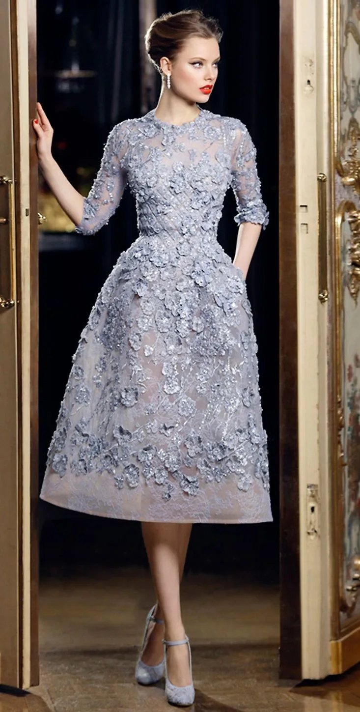 Ellie Saab Tea Length Formal Dresses Half Sleeve 3D Floral